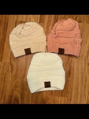 Lot of 3 Kids Knit Beanie Hat - White, Cream & Pink